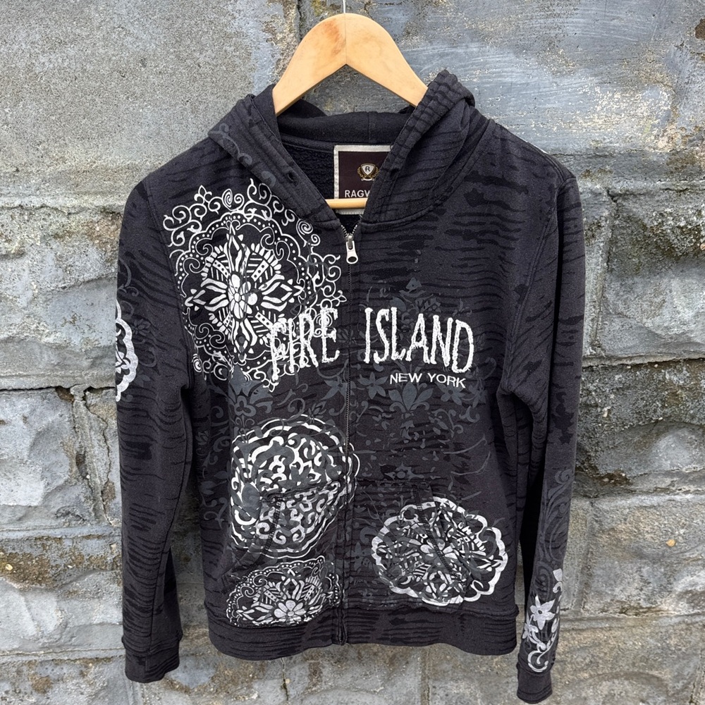 Vintage Y2K Fire Island Hoodie Beach Boho Floral Print Long Island Tiki Bum
